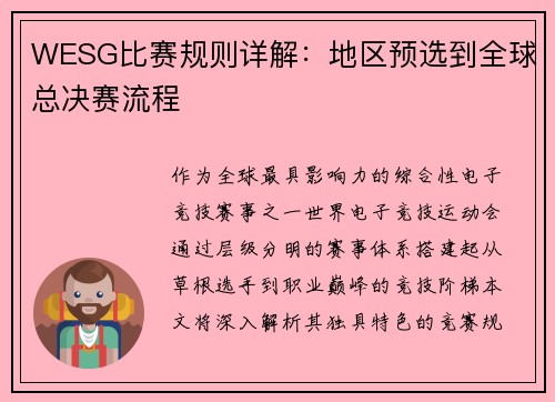 WESG比赛规则详解：地区预选到全球总决赛流程